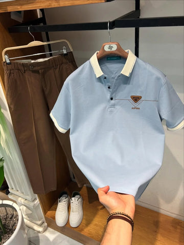 The Comfort Polo Tees & Trouser Set Sky & Brown