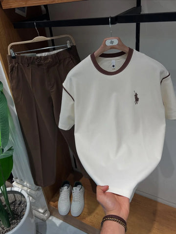 Heritage Tees & Trouser Set White & Brown